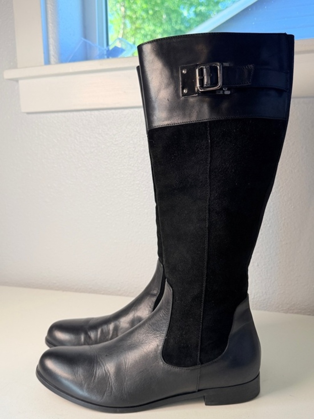Aquatalia Marvin K Black Leather Suede Tall Riding Boots made in Italy 8.5 Black